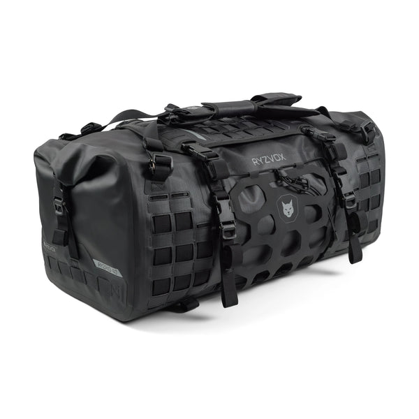 RYZVOX FAR Duffel Bag 40L Moto, front view with the lynx crest on the front panel