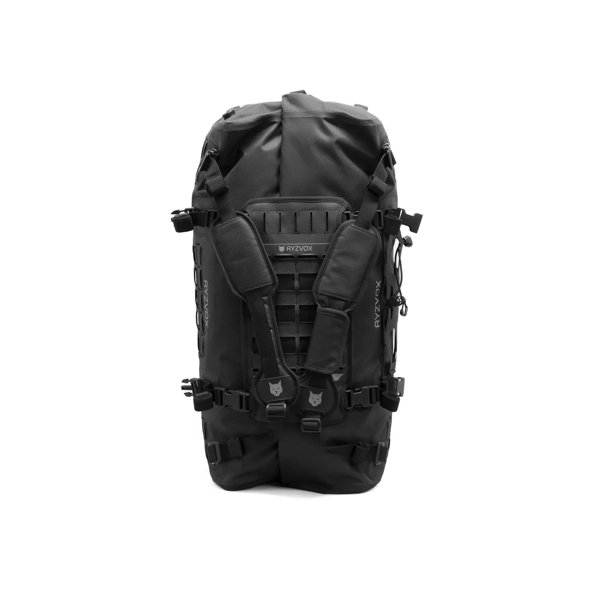 RYZVOX FAR Duffel Bag 40L Moto standing upright in backpack mode, shoulder straps attached, rear view