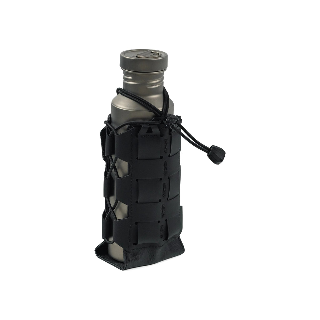 RYZVOX Bottle Holder at an angle with a steel bottle inside, elastic cord and Duraflex cord lock