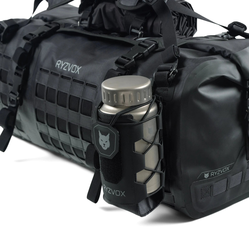 RYZVOX Bottle Holder mounted on the attachment grid of the FAR Duffel Bag 40L with a steel bottle in it