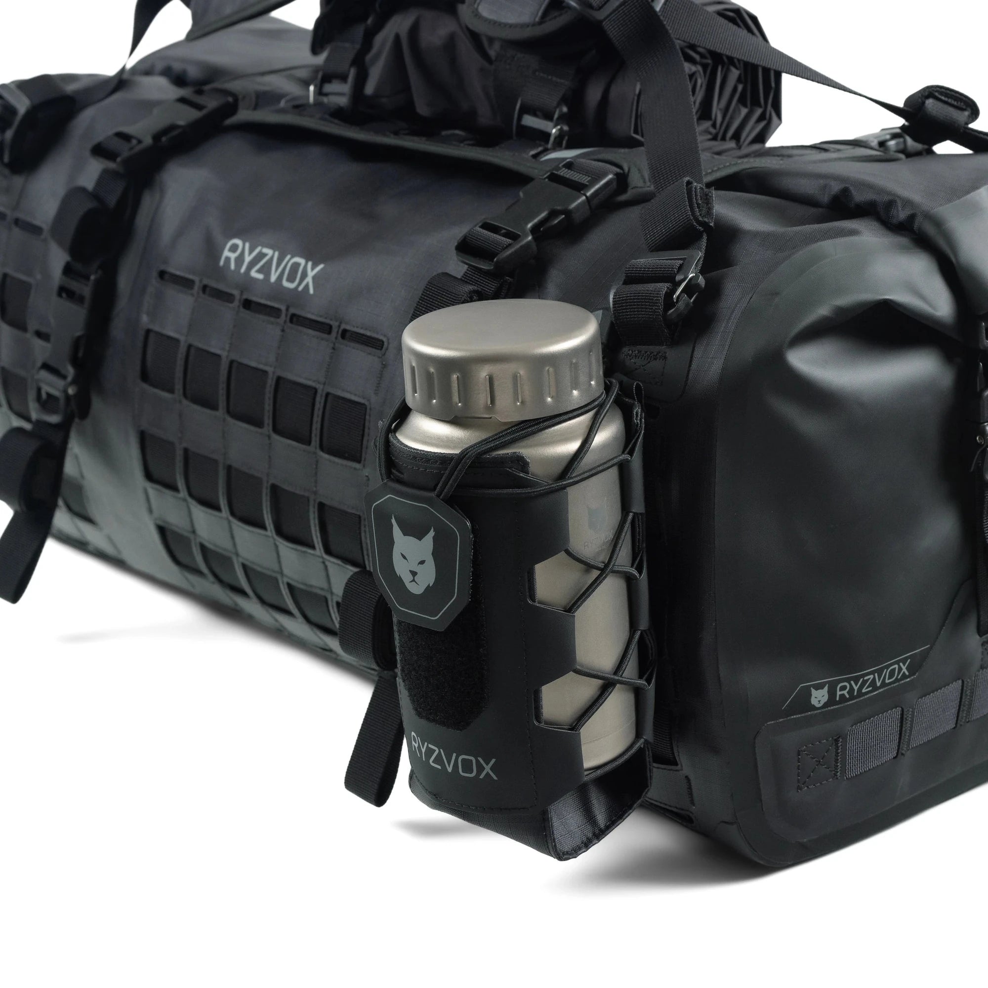 RYZVOX Bottle Holder mounted on the attachment grid of the FAR Duffel Bag 40L with a steel bottle in it
