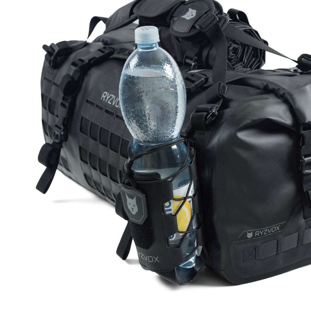 RYZVOX Bottle Holder on the FAR Duffel Bag 40L holding a 1.5 litre plastic water bottle