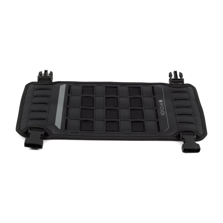 RYZVOX FAR Beaver Tail 40L seen from above, attachment grid across the top panel with Woojin buckles at each corner