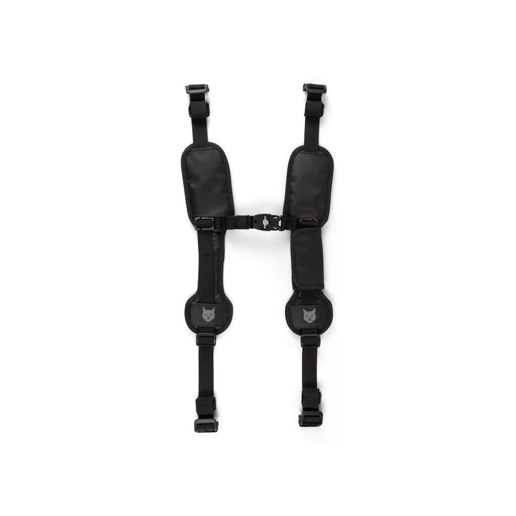 RYZVOX FAR Backpack Straps 40L standing upright, padded shoulder straps joined by the chest strap