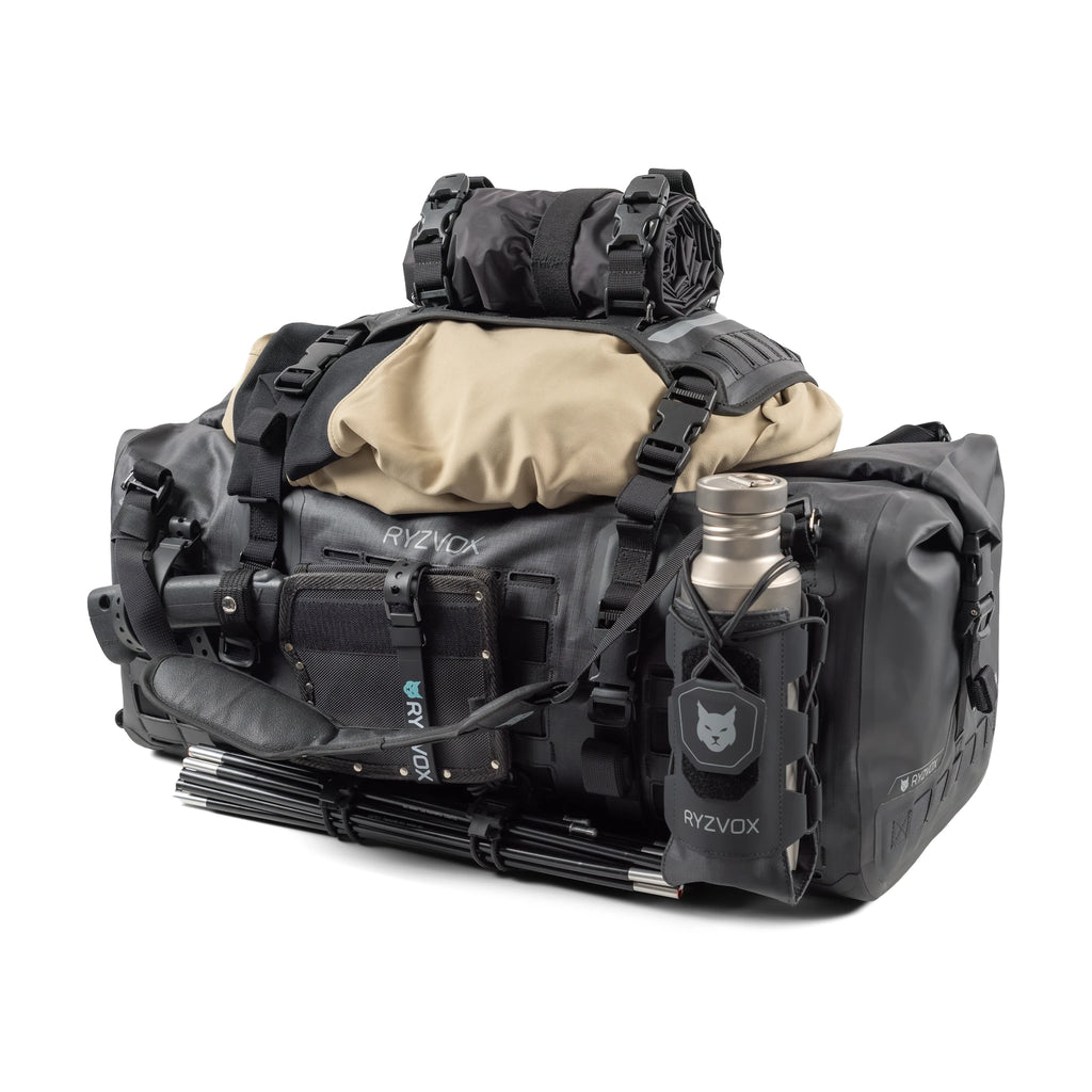 RYZVOX FAR Duffel Bag 40L Moto loaded with gear, seen from the other side