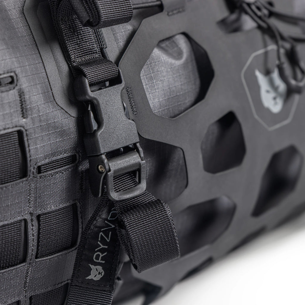 Close up of the front panel and a compression strap