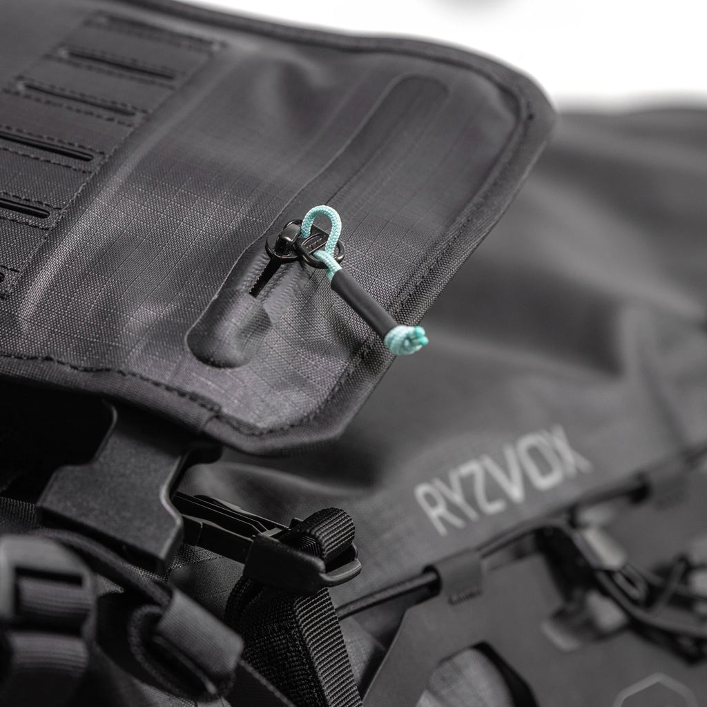 Close up of the zipped pocket with a pull tab