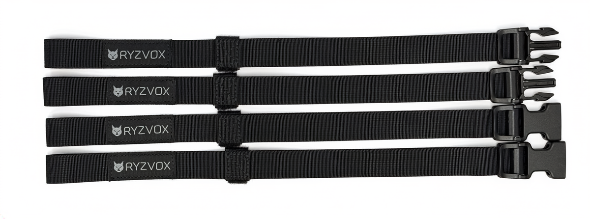 RYZVOX FAR Motorcycle Straps, the set of four tie-down straps laid out flat