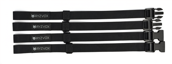 RYZVOX FAR Motorcycle Straps, the set of four tie-down straps laid out flat