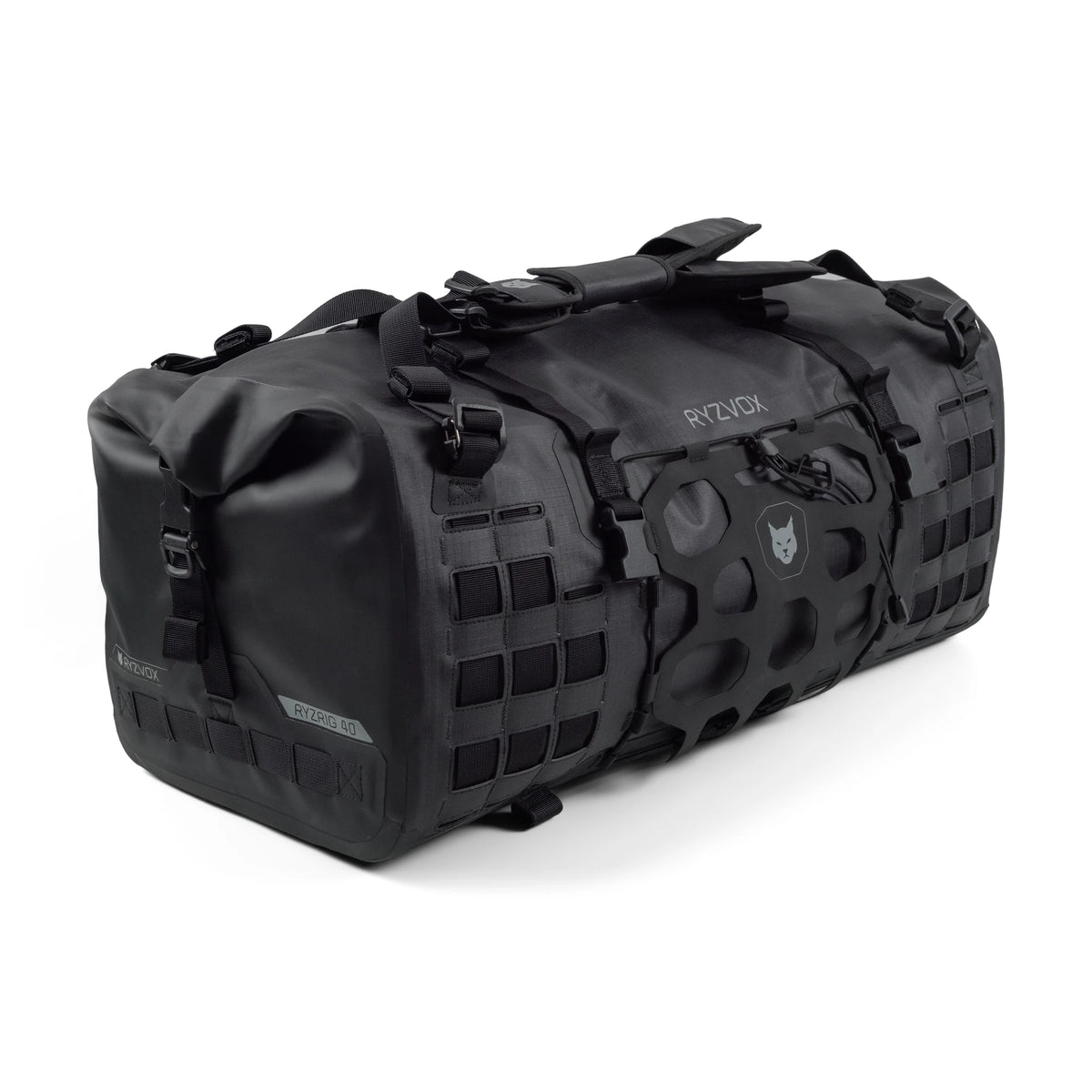 RYZVOX FAR Duffel Bag 40L Travel, front view with the lynx crest on the front panel
