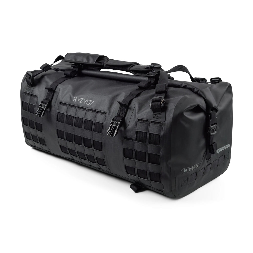 RYZVOX FAR Duffel Bag 40L Travel seen from the side with the attachment grid and the RYZVOX wordmark