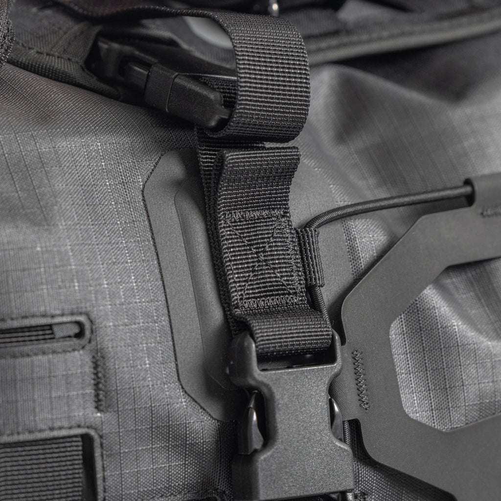 Close up of the front panel and a compression strap