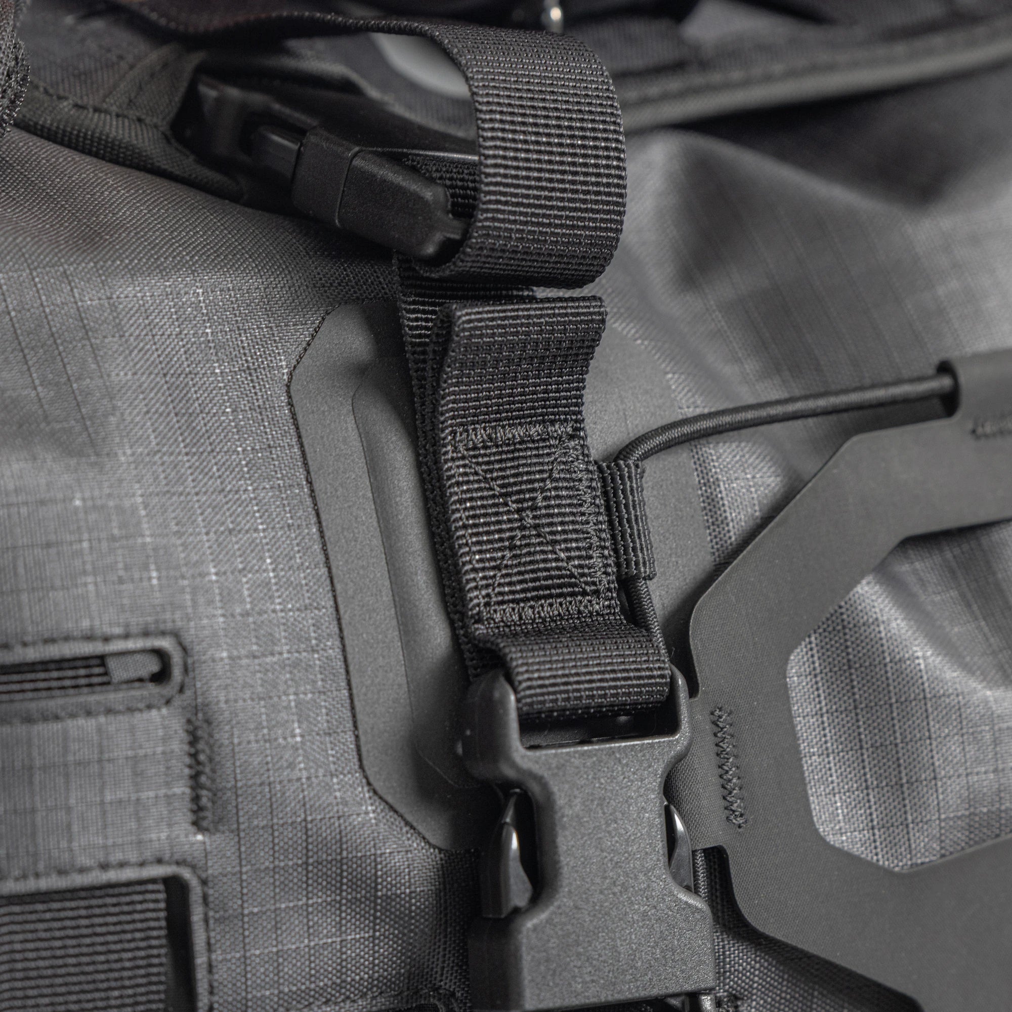 Close up of the front panel and a compression strap