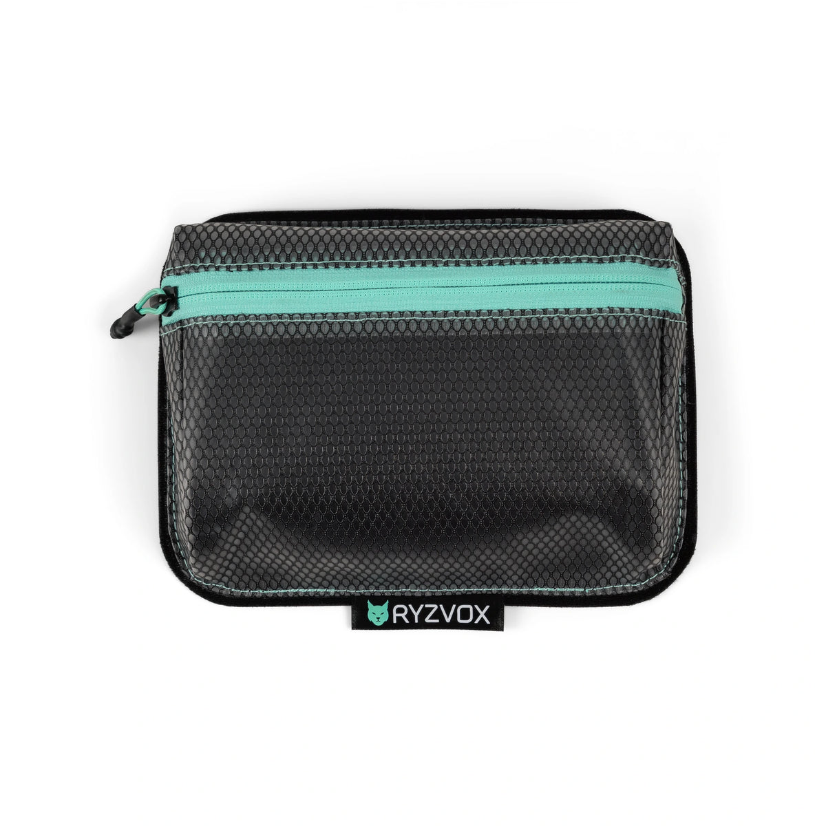 RYZVOX Mesh Pouch M seen from the front, mesh panel with the mint zip and brand label