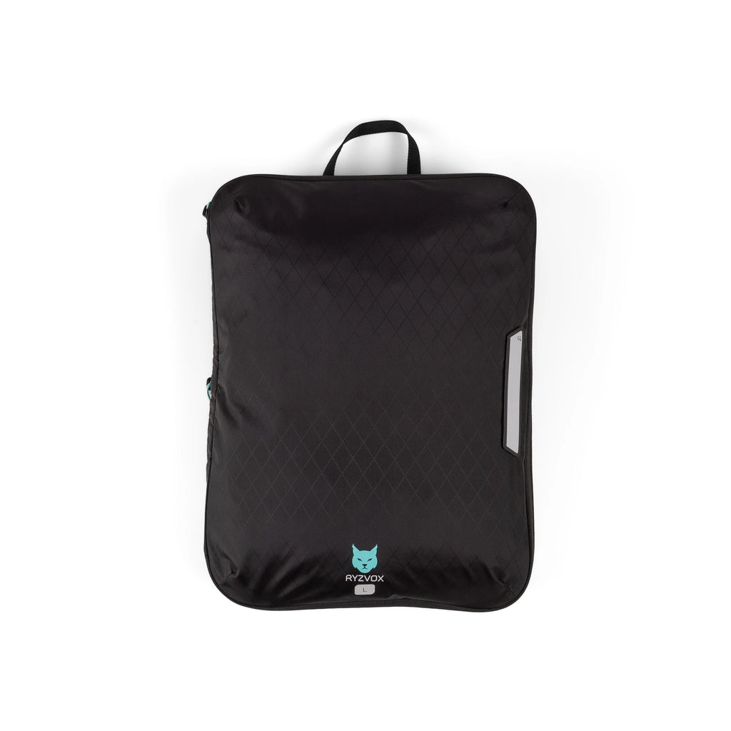 RYZVOX Packing Cube L empty and flat, front panel with the carry loop and label