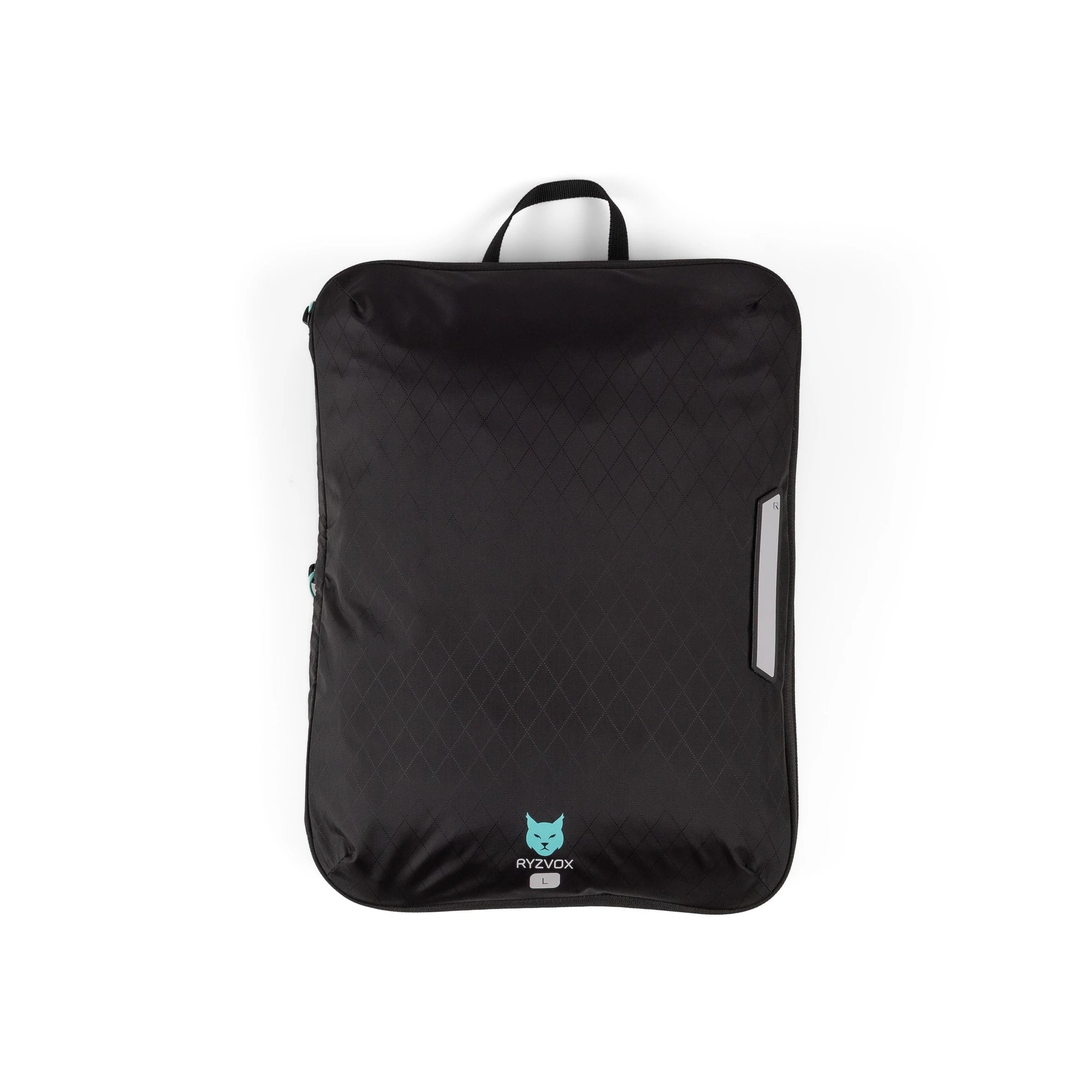 RYZVOX Packing Cube L empty and flat, front panel with the carry loop and label