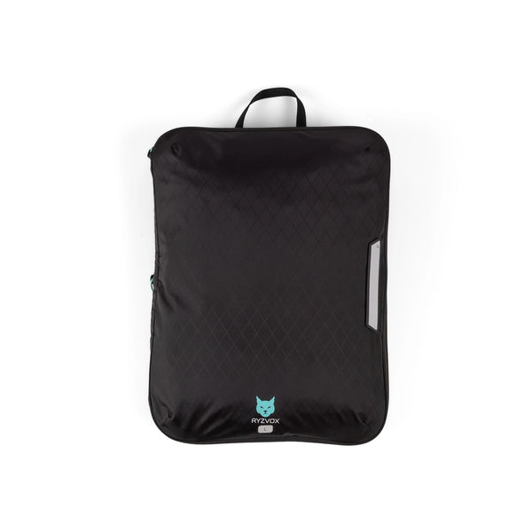 RYZVOX Packing Cube L empty and flat, front panel with the carry loop and label