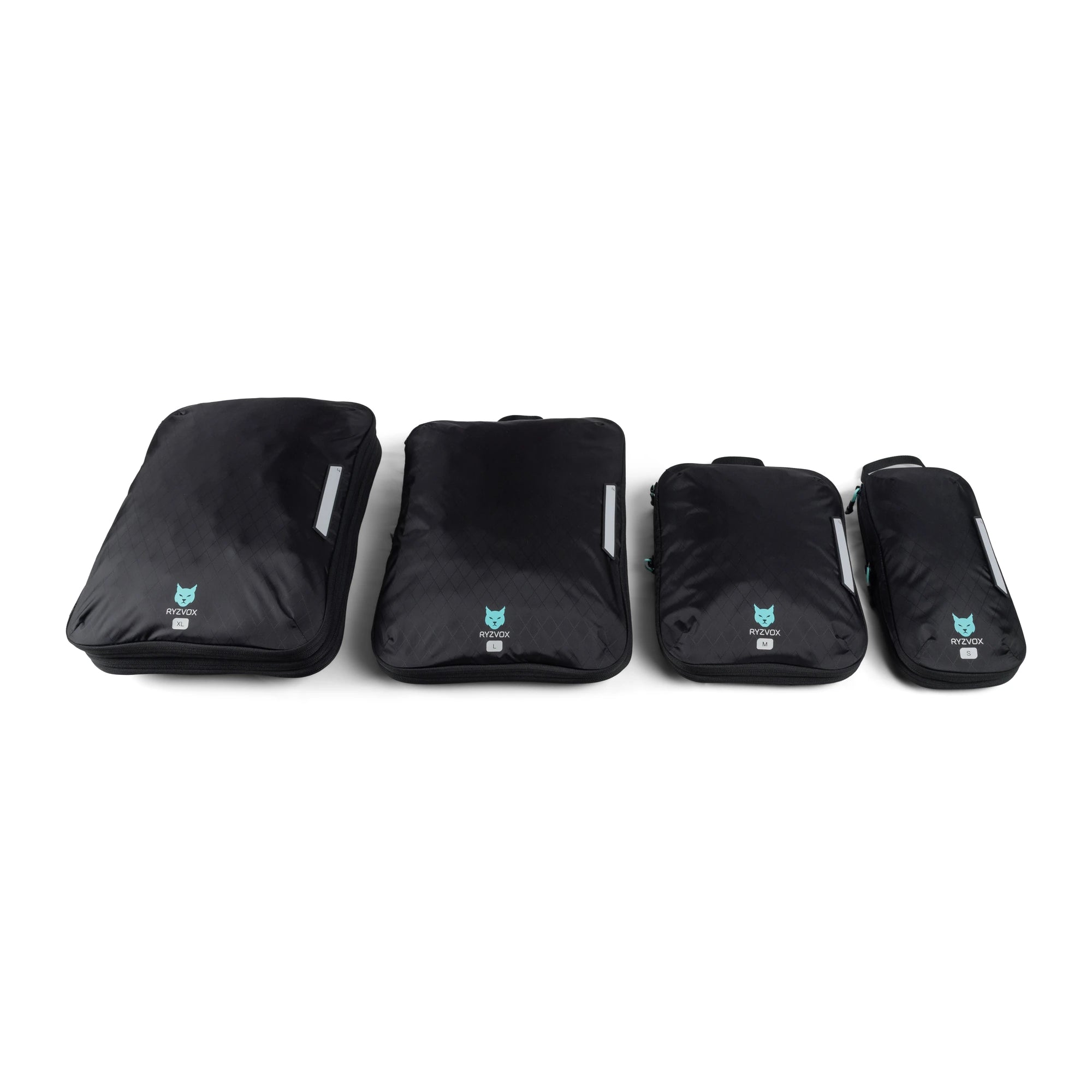 All four sizes of RYZVOX packing cubes lined up side by side, XL down to S