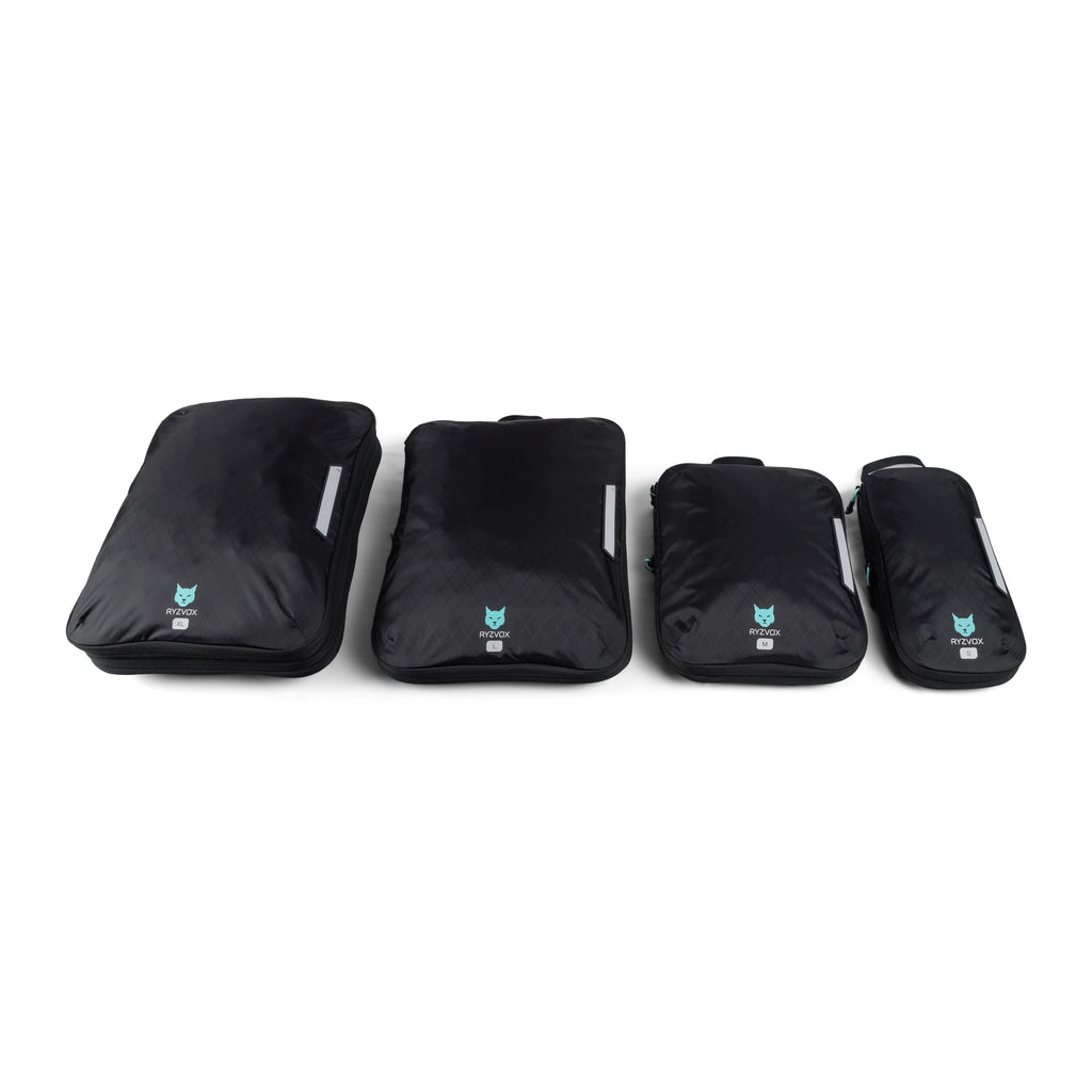 All four sizes of RYZVOX packing cubes lined up side by side, XL down to S