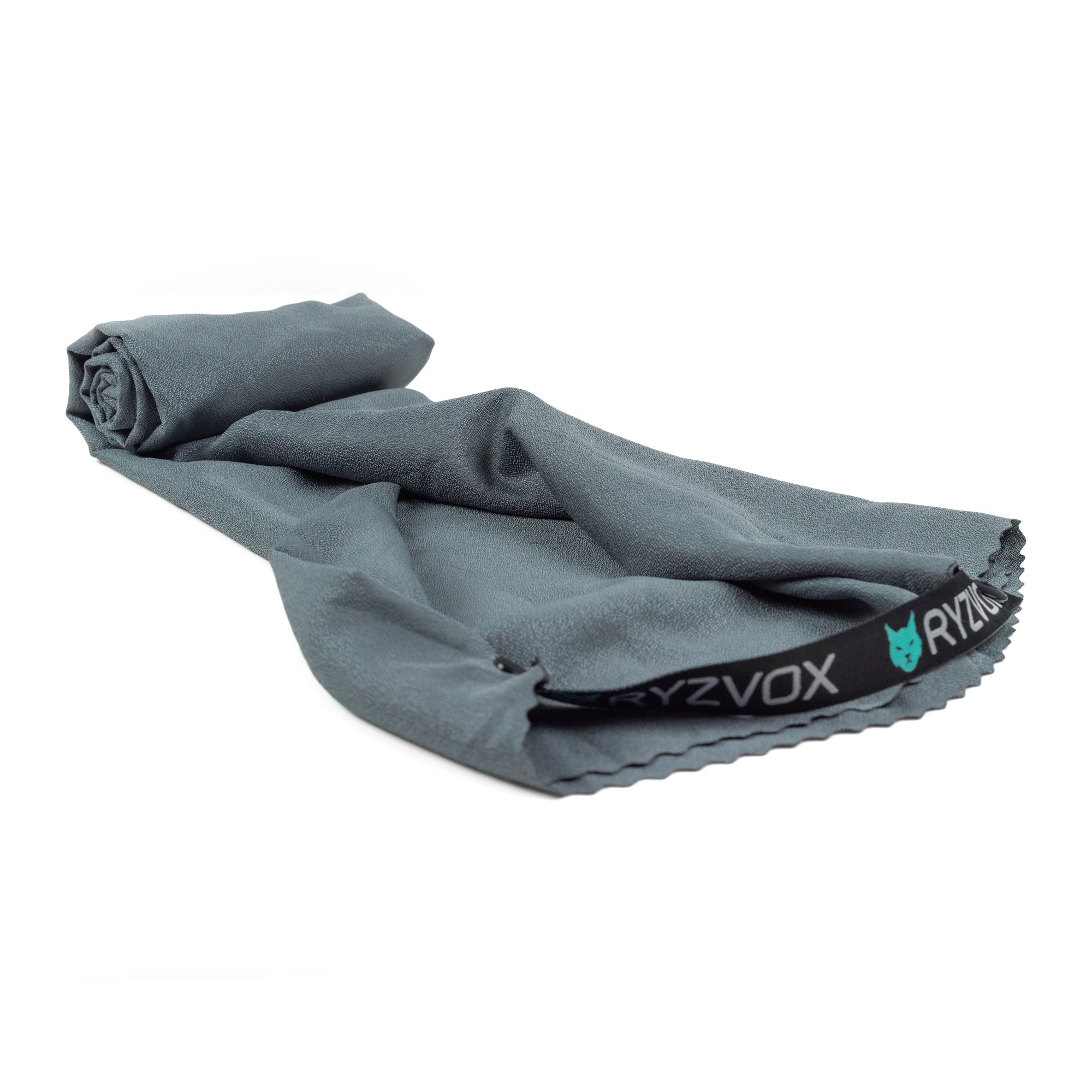 RYZVOX Ultralight Towel L unfolded, showing the grey nano fibre and the branded hem label